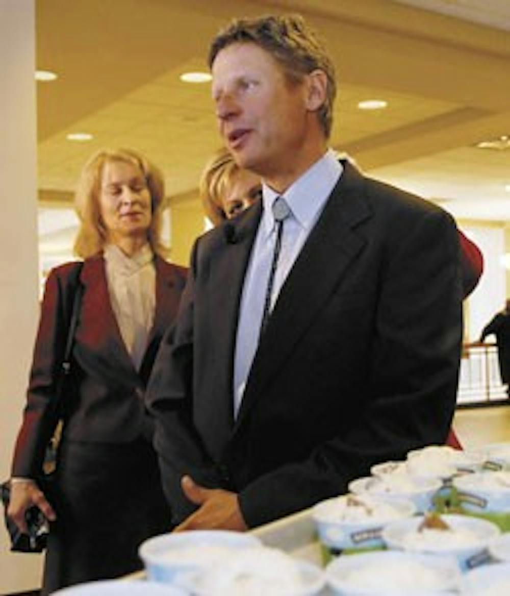 Former New Mexico Gov. Gary Johnson prepares to give a televised interview after a memorial service was held for his ex-wife, Dee Johnson, on Saturday in the SUB.