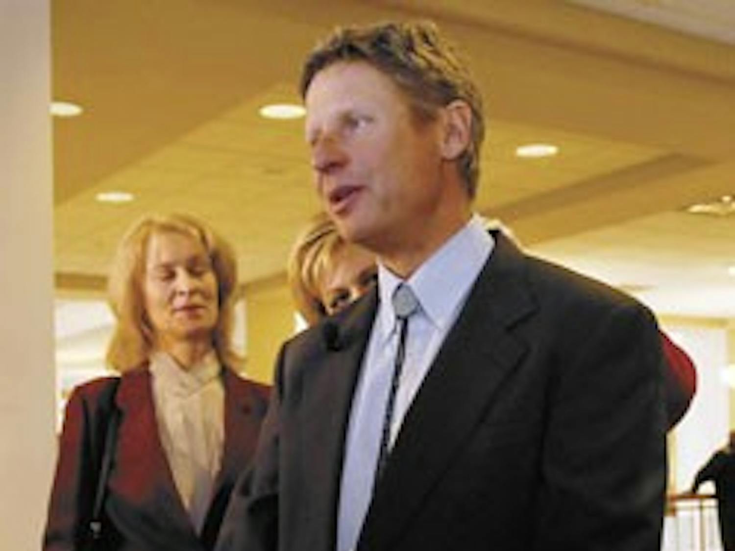 Former New Mexico Gov. Gary Johnson prepares to give a televised interview after a memorial service was held for his ex-wife, Dee Johnson, on Saturday in the SUB.