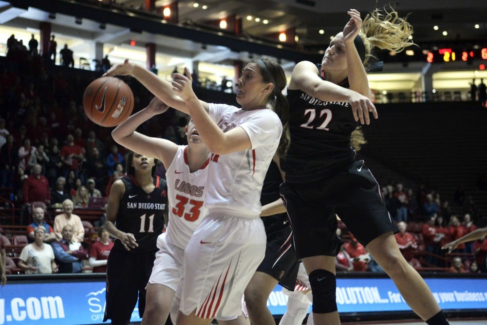 Senior forward Alexa Chavez (center) scrambels for an offensive rebound Saturday, Feb. 6, 2016 at WisePies Arena. The Lobos lost to San Diego State University 51-46. 