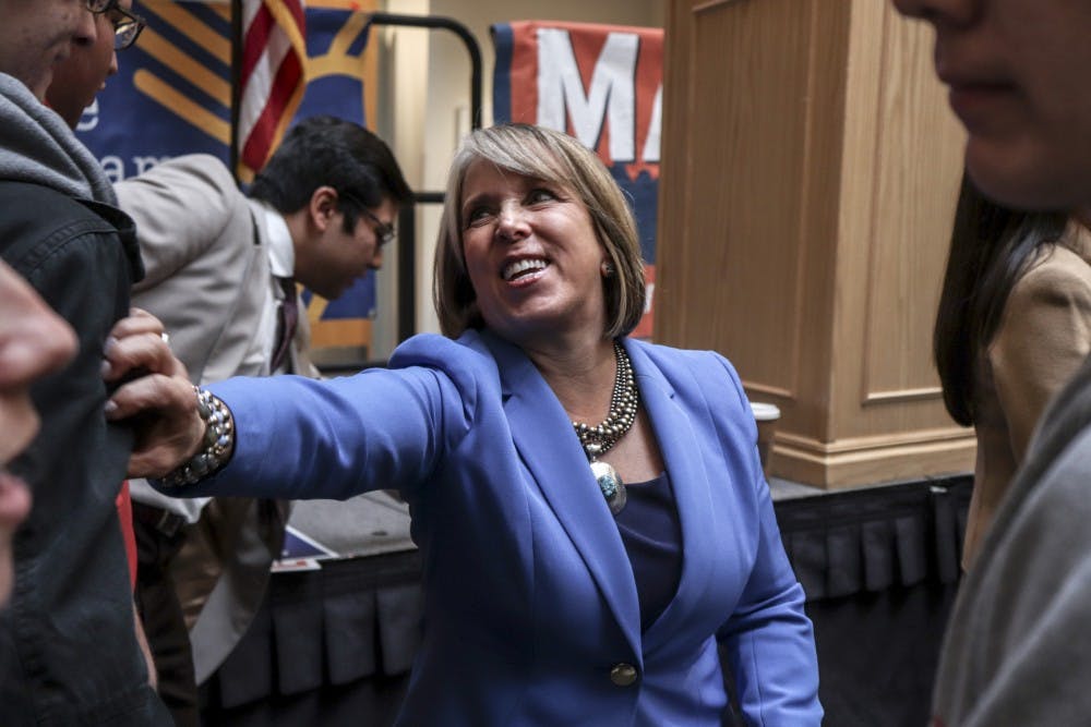Democratic gubernatorial candidate Michelle Lujan Grisham greets supporters after speaking at UNM alongside other democratic candidates on Friday November 2, 2018.