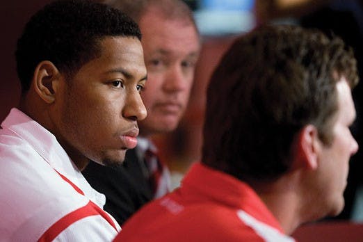 Former UNM basketball player Danny Granger, alongside Athletics Director Paul Krebs, center, and Lobo head coach Steve Alford, announced plans to donate $500,000 to the UNM athletics department on Wednesday. Granger, who plays for the Indiana Pacers, is i