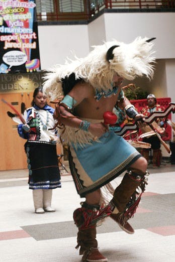 Raydean Johnson performs a traditional Zuni dance in the SUB Atrium on Thursday. The dance was part of Nizhoni Days, a program hosted by Kiva Club. Events continue through April 26, including an Indian taco sale today from 11 a.m. to 3 p.m. in the Mesa Vi