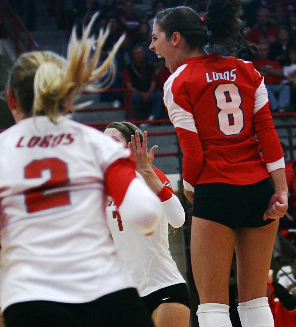 	Allison Buck celebrates after a play against Colorado State on Oct. 24. UNM concluded its season on Friday with a loss in the NCAA Tournament to Hawaii, 3-0, at the University of Southern California’s Galen Center.