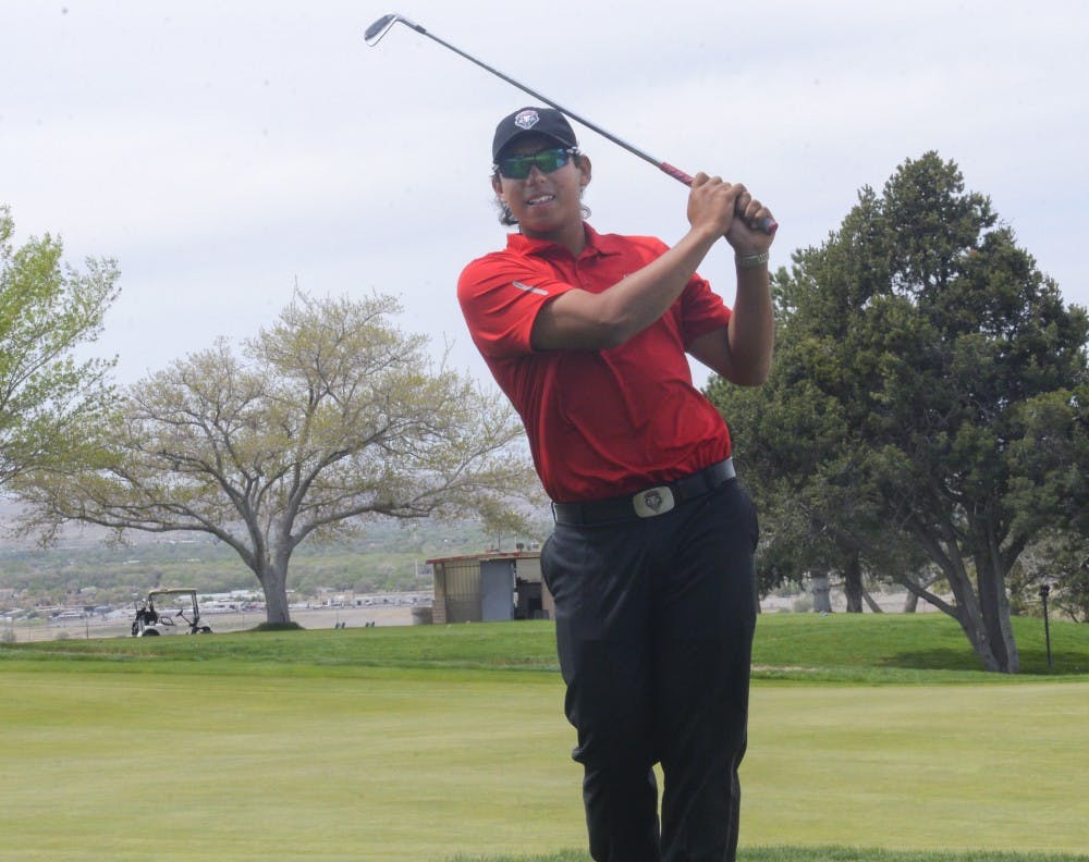 UNM senior golfer Gavin Green follows through on a shot on April 2 at the Championship Golf Course.Green has been named among the semifinalists for the Ben Hogan Award.  
