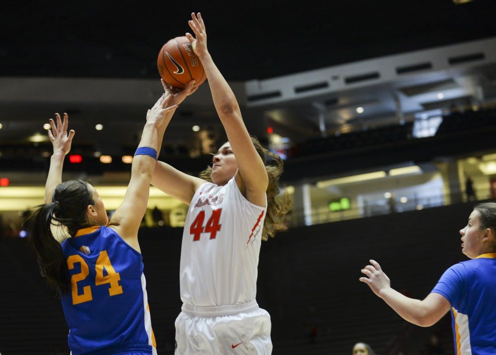 Freshman center Jaisa Nunn leaps past a San Jose State player for an inside jumpshot Saturday, Jan. 23, 2016 at WisePies Arena. The Lobos will play Boise State this Saturday at 2 p.m.. 