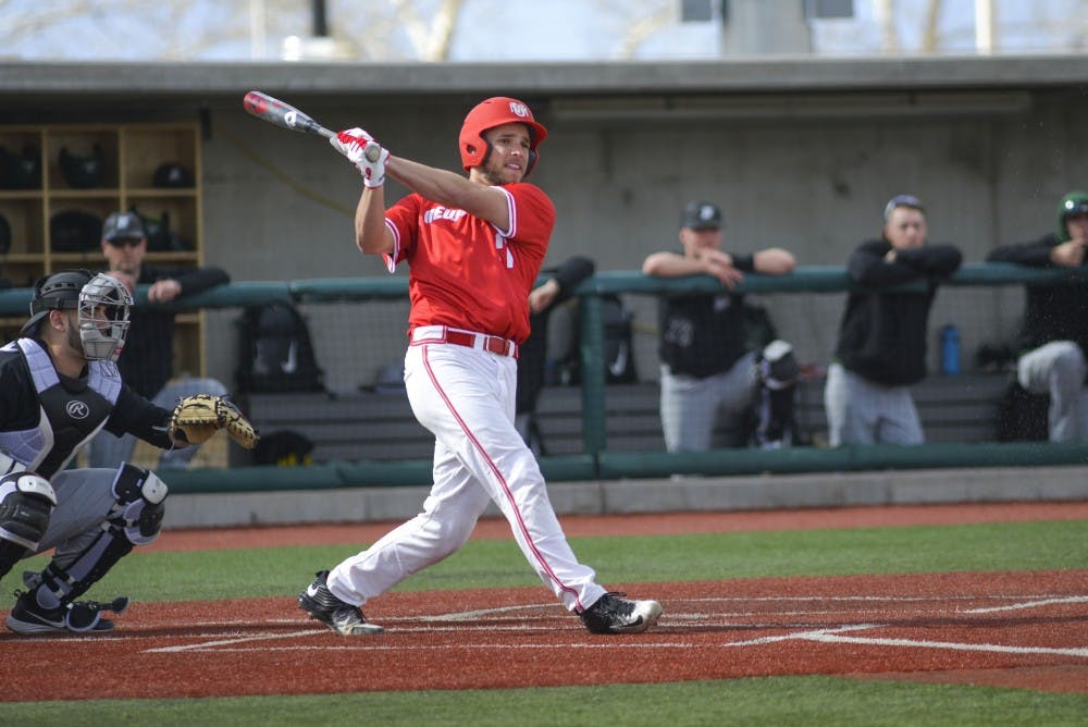 Junior Luis Gonzalez looks down field after hitting the ball against a Bringhamton pitcher Sunday, Feb. 19, 2017 at Santa Ana Star Field. The Lobos lost their third game to Dallas Baptist 7-6 Sunday night.&nbsp;