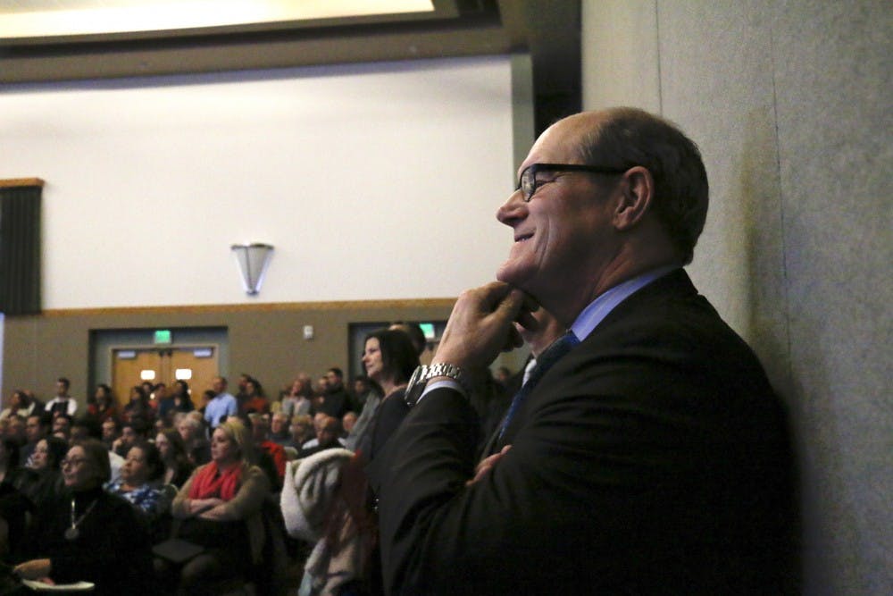 UNM President Bob Frank listens to a proposal of the new branding agency, 160over90 for the upcoming class of 2020, Thursday afternoon in the SUB. Their brand strategy will be taking place through out the upcoming months.  
