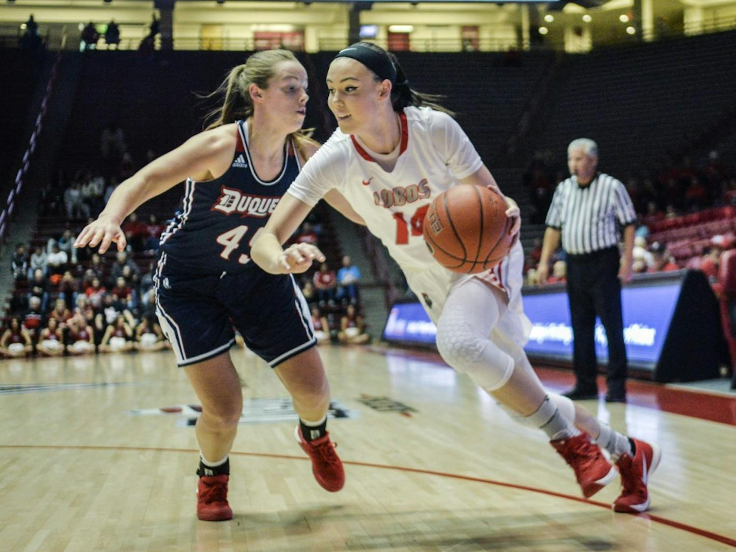 Freshman guard Jannon Otto drives against a Duquesne defender at WisePies Arena Saturday night. The Lobos lost to UTEP on Wednesday 70-62.