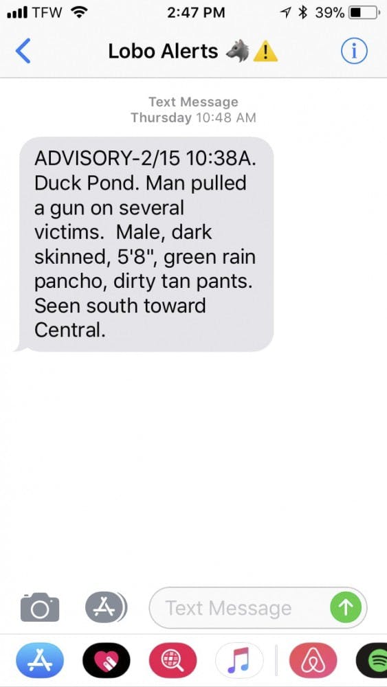 Screenshot of LoboAlert regarding the recent incident at the UNM Duck Pond.