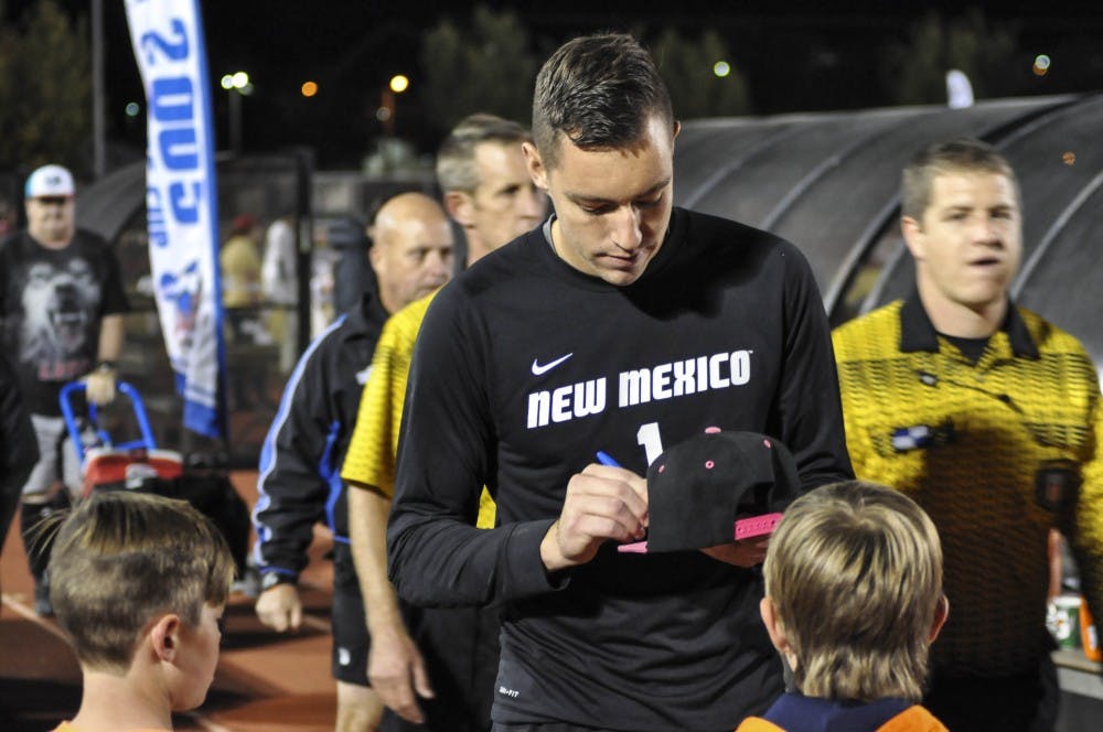 Lobo senior goalkeeper Jason Beaulieu autographs a cap following a game against the University of Denver Pioneers on Oct. 25, 2017. The game ended in a 0-0 draw and included two overtime periods.