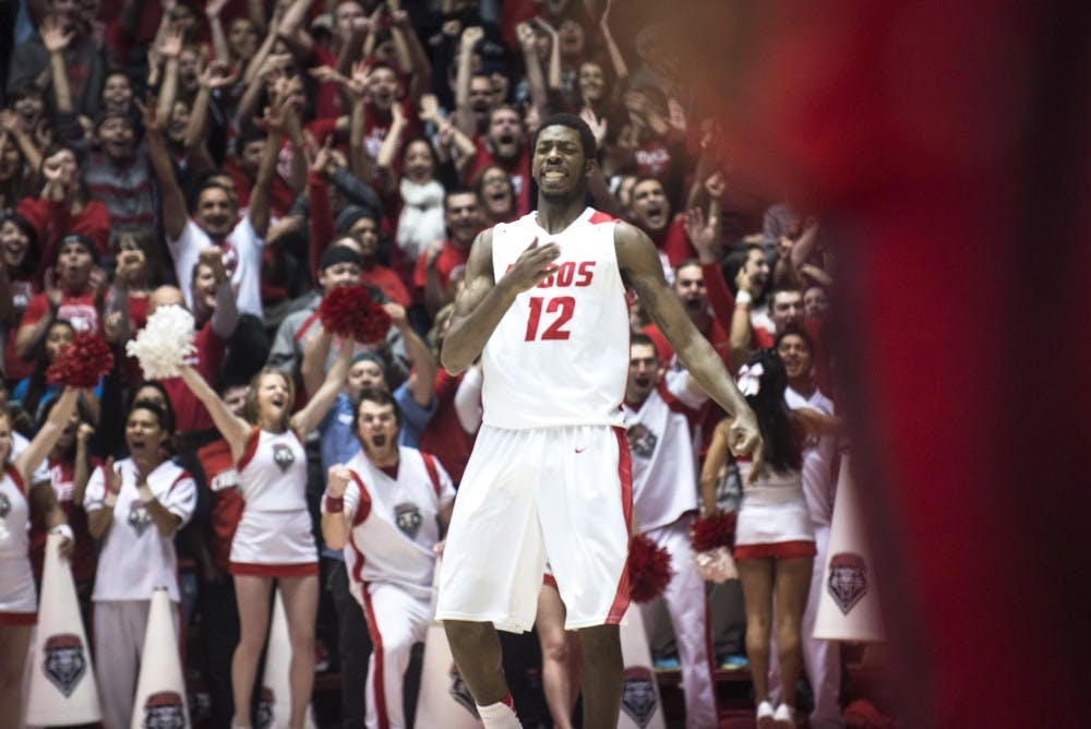 New Mexico forward Devon Williams celebrates after making a 3-pointer at the end of the first half during the Jan. 3 game against Colorado State at WisePies Arena.