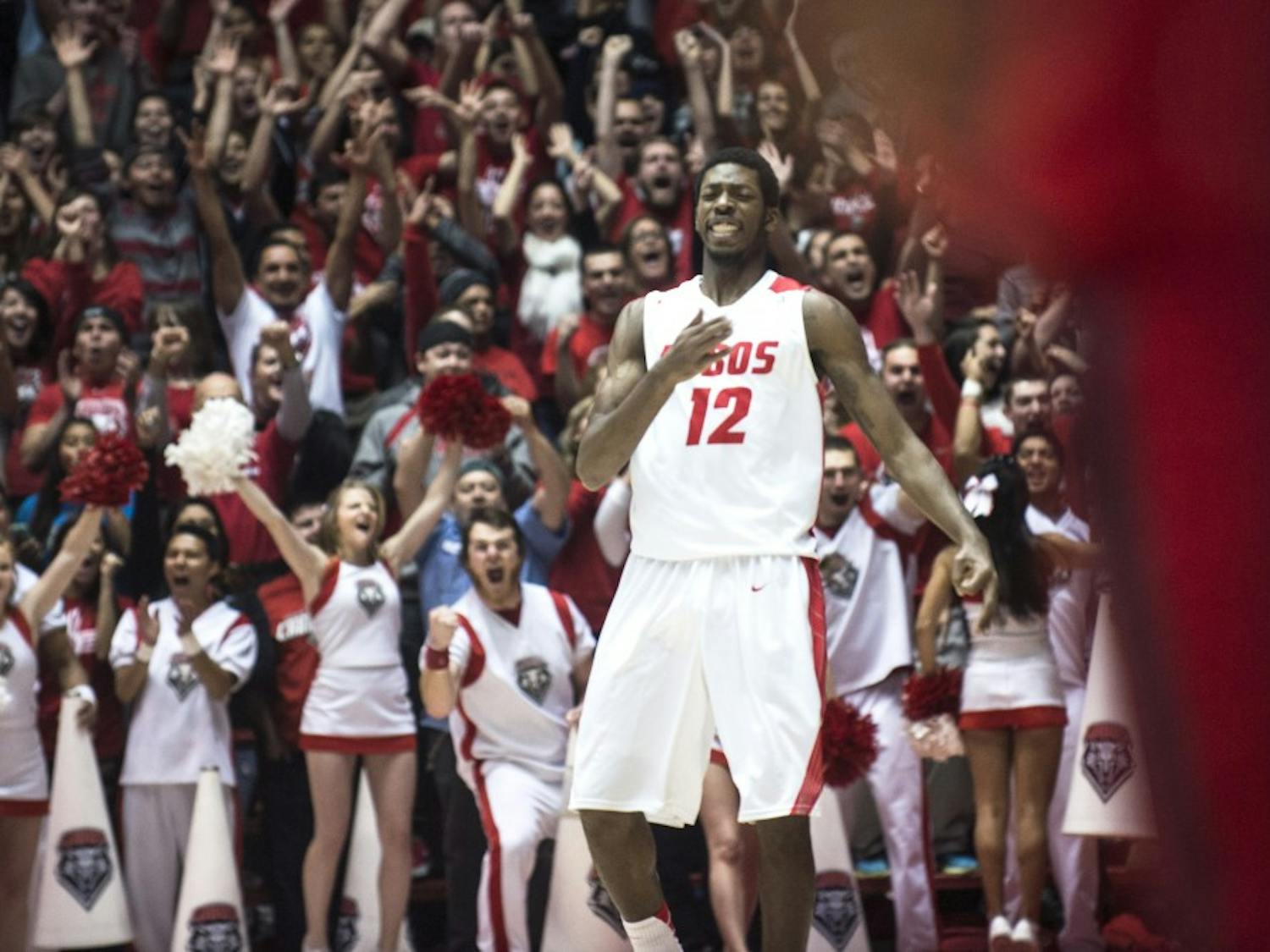 New Mexico forward Devon Williams celebrates after making a 3-pointer at the end of the first half during the Jan. 3 game against Colorado State at WisePies Arena.