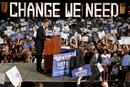 Sen. Barack Obama speaks to a crowd of about 45,000 on Johnson Field on Saturday night. 
