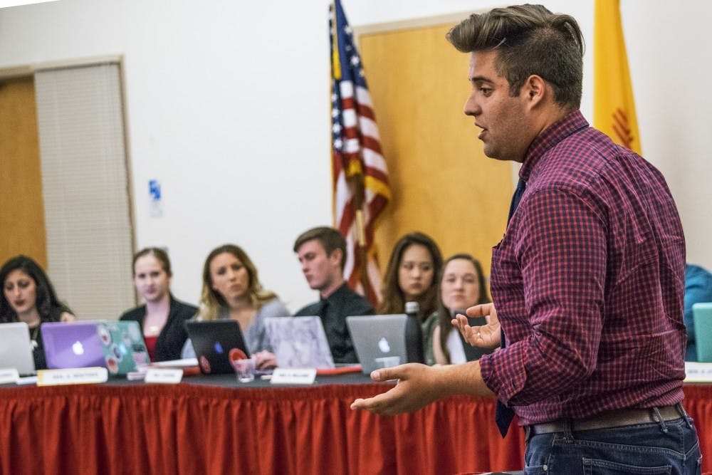 ASUNM President Kyle Biederwolf speaks during a ASUNM Senate meeting Wednesday April 27. 2016 at the SUB. ASUNM passed resolutions about universal restrooms and altering plans to the Johnson Gym renovations.
