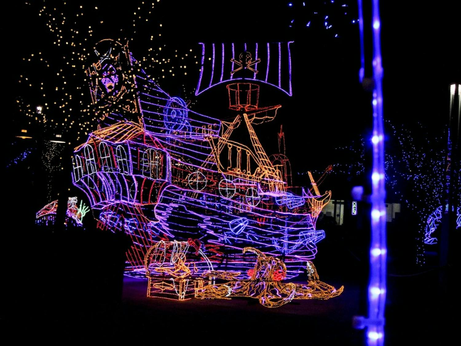 In the entrance to the River of Lights a large pirate ship with a treasure chest and octopus welcome guests attending the&nbsp;popular Albuquerque event.&nbsp;