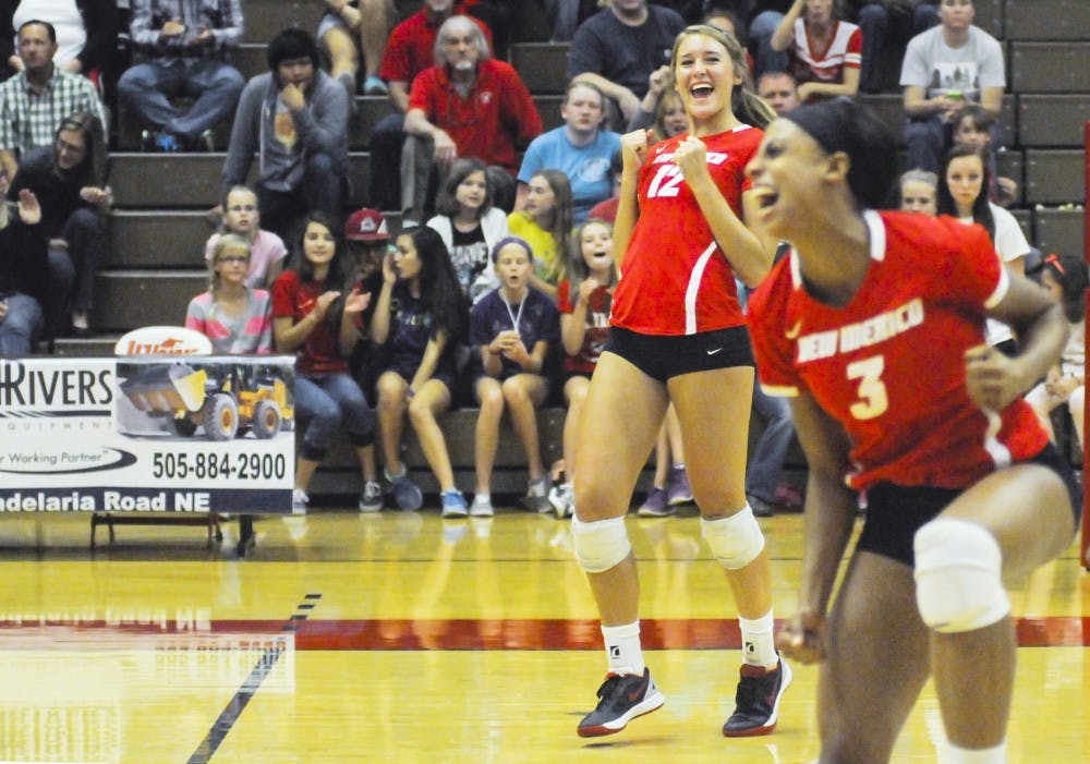 Lobos sophomore outside hitter/middle blocker Cassie House and redshirt senior right side hitter Chantale Riddle, left to right, react after scoring a point during the game against UC Irvine at Johnson Gym on Saturday night. The Lobos defeated UC Irvine 3-1.