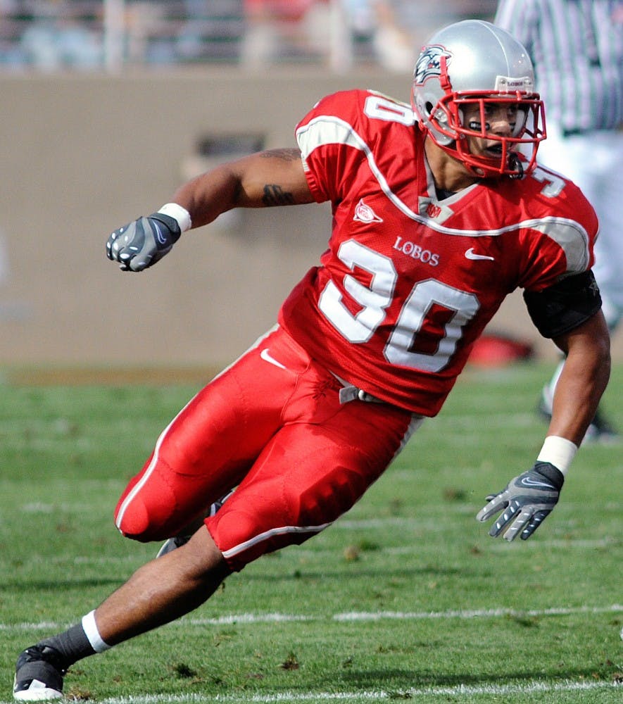 	Safety Ian Clark dashes during a play last season at University Stadium. Clark might not play this season after re-injuring his shoulder during the Lobos’ season-opener against Texas A&amp;M.