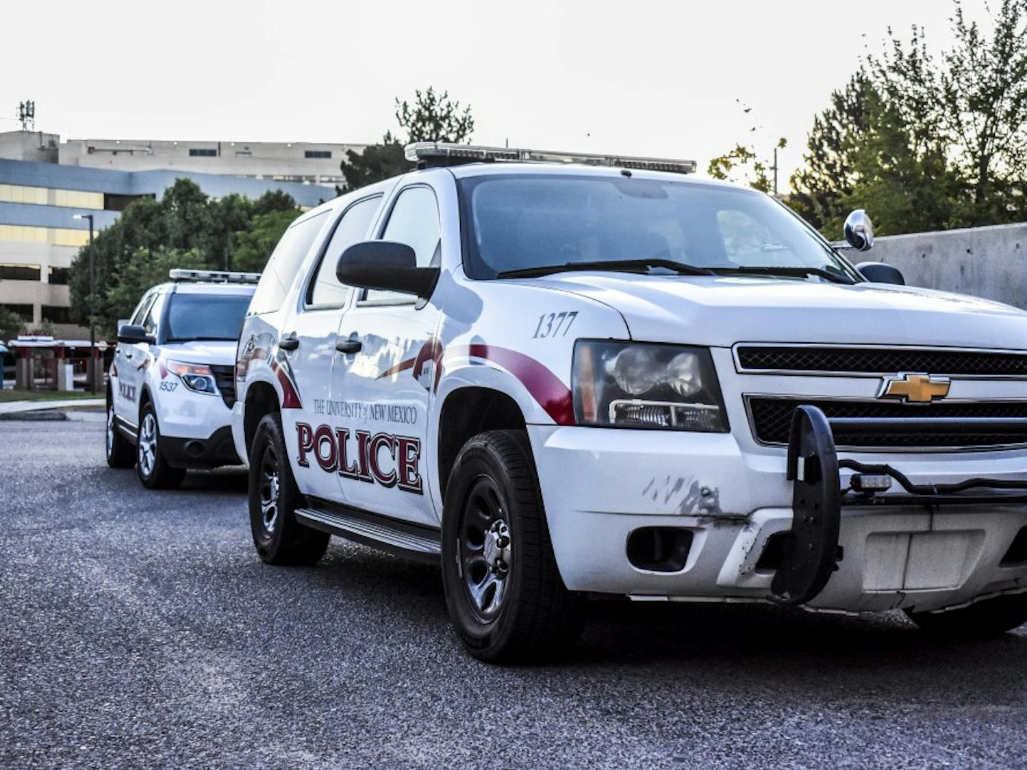 Two UNM Police cars wait to be used.&nbsp;