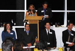 Recipients of the Unsung Heroes Award, from left, Vanessa Garcia, Eric Garcia, Gabriel Santistevan and Sebastian Iriart are announced by the De Colores Board of Directors President Jennifer Gomez-Chavez, top left, and Treasurer Alex Gonzalez on Friday at 
