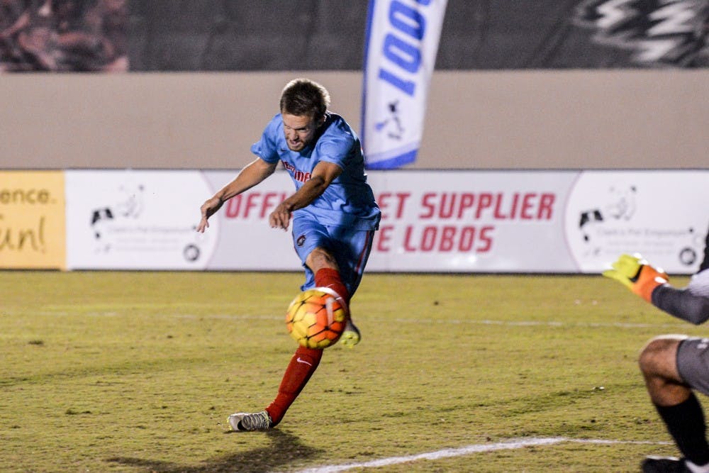 Redshirt senior midfielder Chris Wehan fires a shot on goal during the Lobos game against South Carolina Sunday, Oct. 30, 2016 at the UNM Soccer Complex. The Lobos will play their first NCAA Championship match this Thursday at the UNM Soccer Complex against the University of Portland.