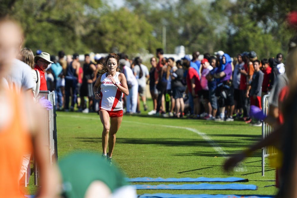 Redshirt sophomore Kendall Kelly crosses the finish line at the the Lobo Invitational on Saturday Sept. 3, 2016 at UNM's North Golf Course. The Lobos will compete at the Joe Piane Notre Dame Invitational this Friday in Notre Dame, Indiana.