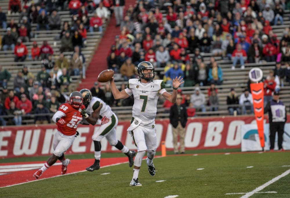 Colorado State University quarterback Nick Stevens prepares to make a pass during a UNM game on Nov. 21, 2015. UNM will be playing CSU at home on Oct. 20, 2017 at DreamStyle Stadium. 
