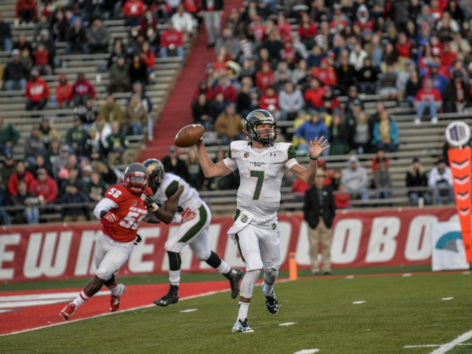 Colorado State University quarterback Nick Stevens prepares to make a pass during a UNM game on Nov. 21, 2015. UNM will be playing CSU at home on Oct. 20, 2017 at DreamStyle Stadium. 