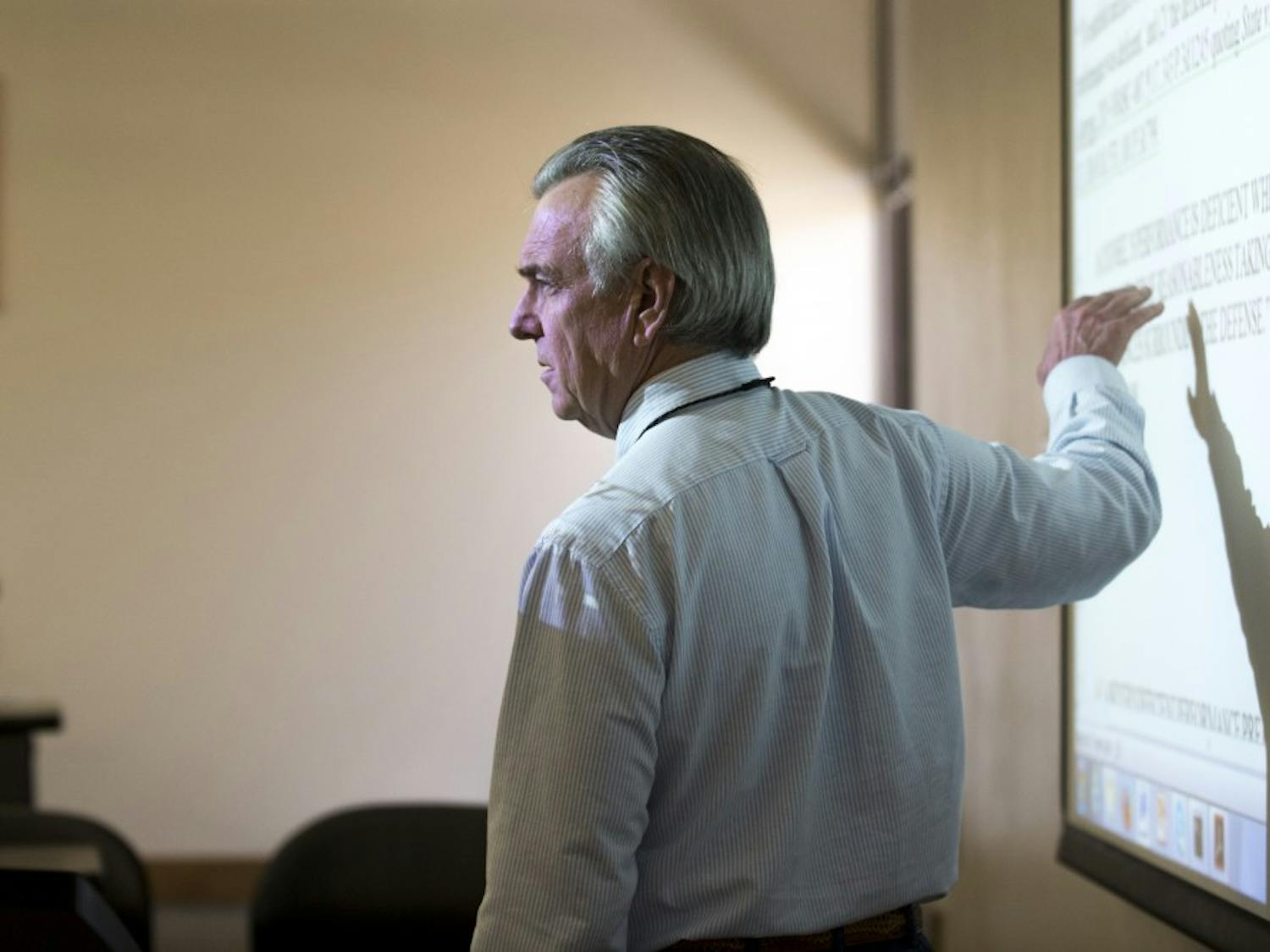 Professor David Stout discusses prosecutor procedure with his Advanced Legal Writing class at the UNM School of Law on Wednesday, Jan. 27, 2015.