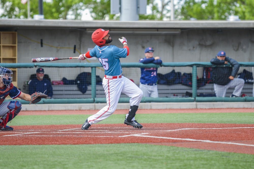 Senior Andre Vigil looks up at the sky after hitting against a Fresno State pitcher Sunday, April 2, 2017 at Santa Ana Star Field. The Lobos defeated Fresno State 6-2 in their last game in the series.&nbsp;