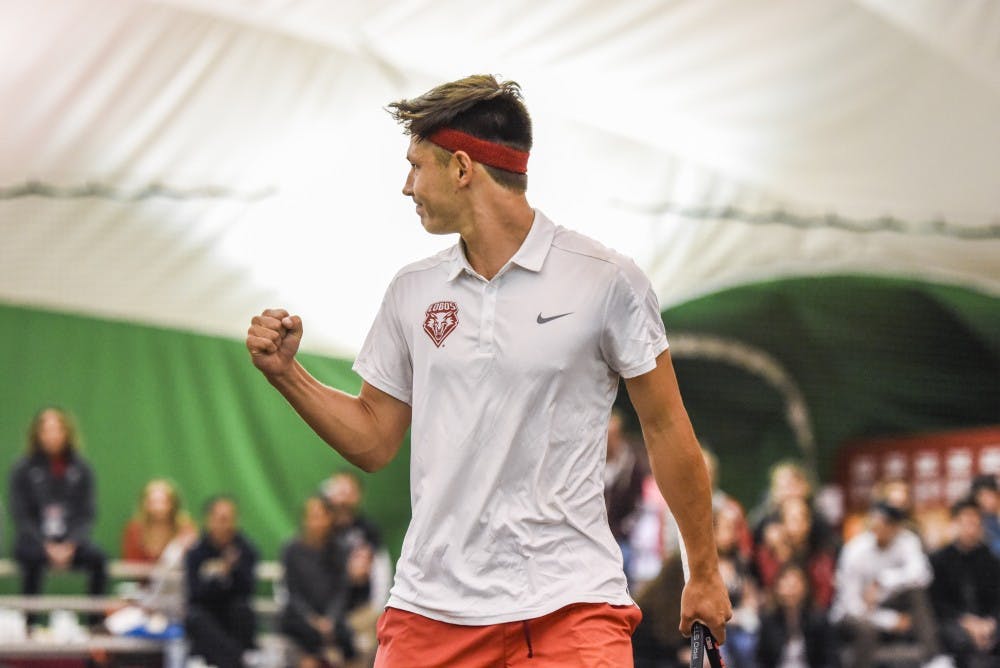 Sophomore Ricky Hernandez-Tong raises his fist after scoring against Fresno State Friday, March 31, 2017. The Lobos will go into this weekends home matches with a three game winning streak.&nbsp;