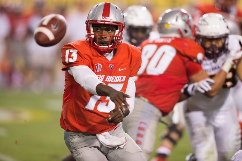 New Mexico redshirt sophomore quarterback Lamar Jordan throws a pass against ASU on Friday, Sept. 18, 2015, at Sun Devil Stadium in Tempe. The Sun Devils defeated the Lobos 34-10. (Reilly Kneedler/The State Press)