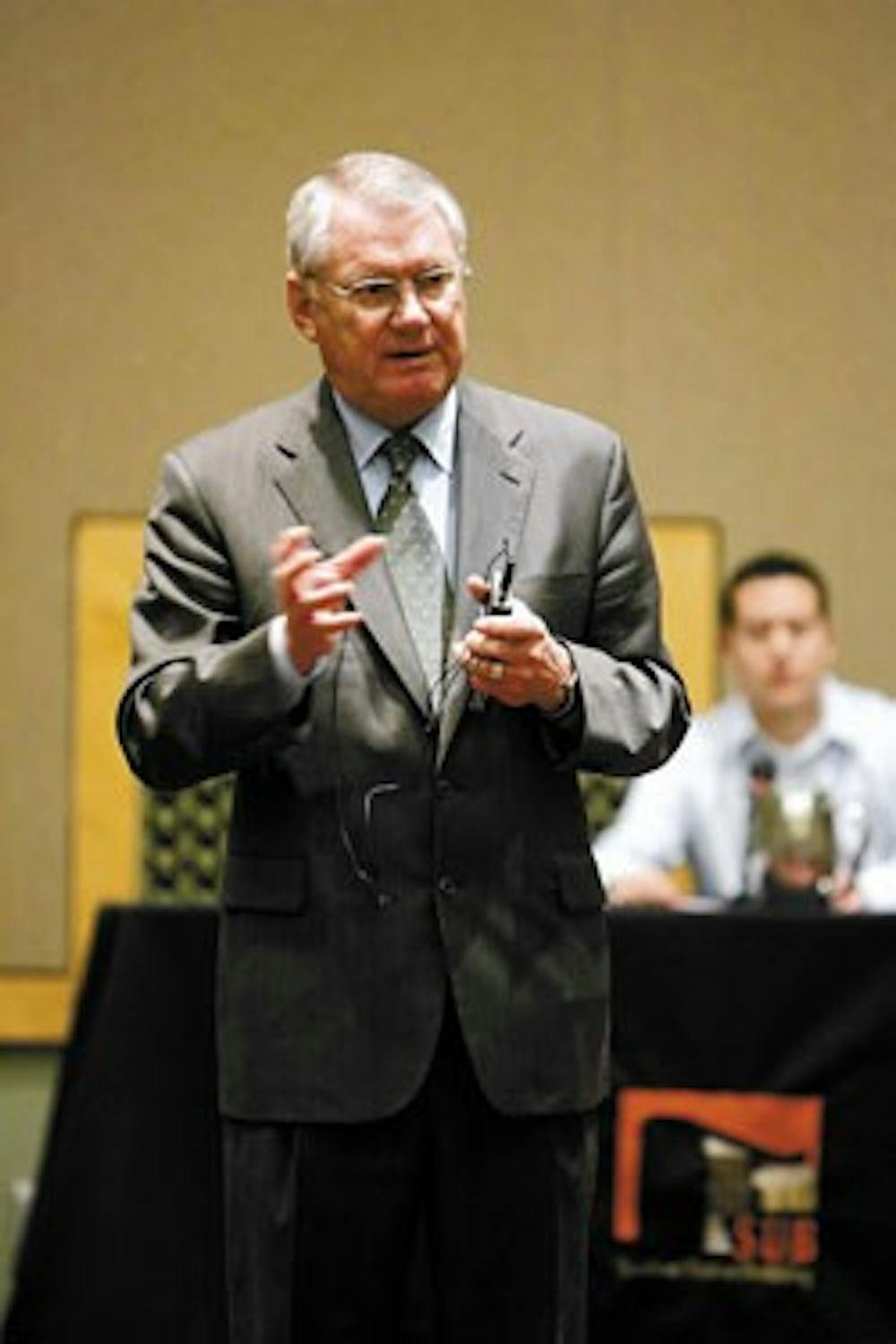 Presidential candidate David Schmidly talks at a meeting with students in the SUB Ballroom on Tuesday.    