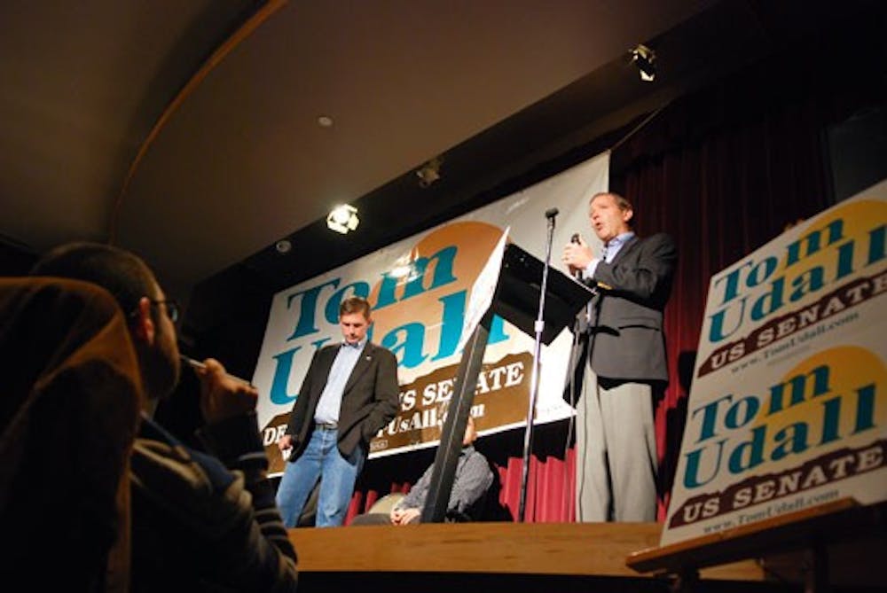 Senatorial candidate Tom Udall speaks to students in the SUB on Tuesday alongside House candidate Martin Heinrich. 