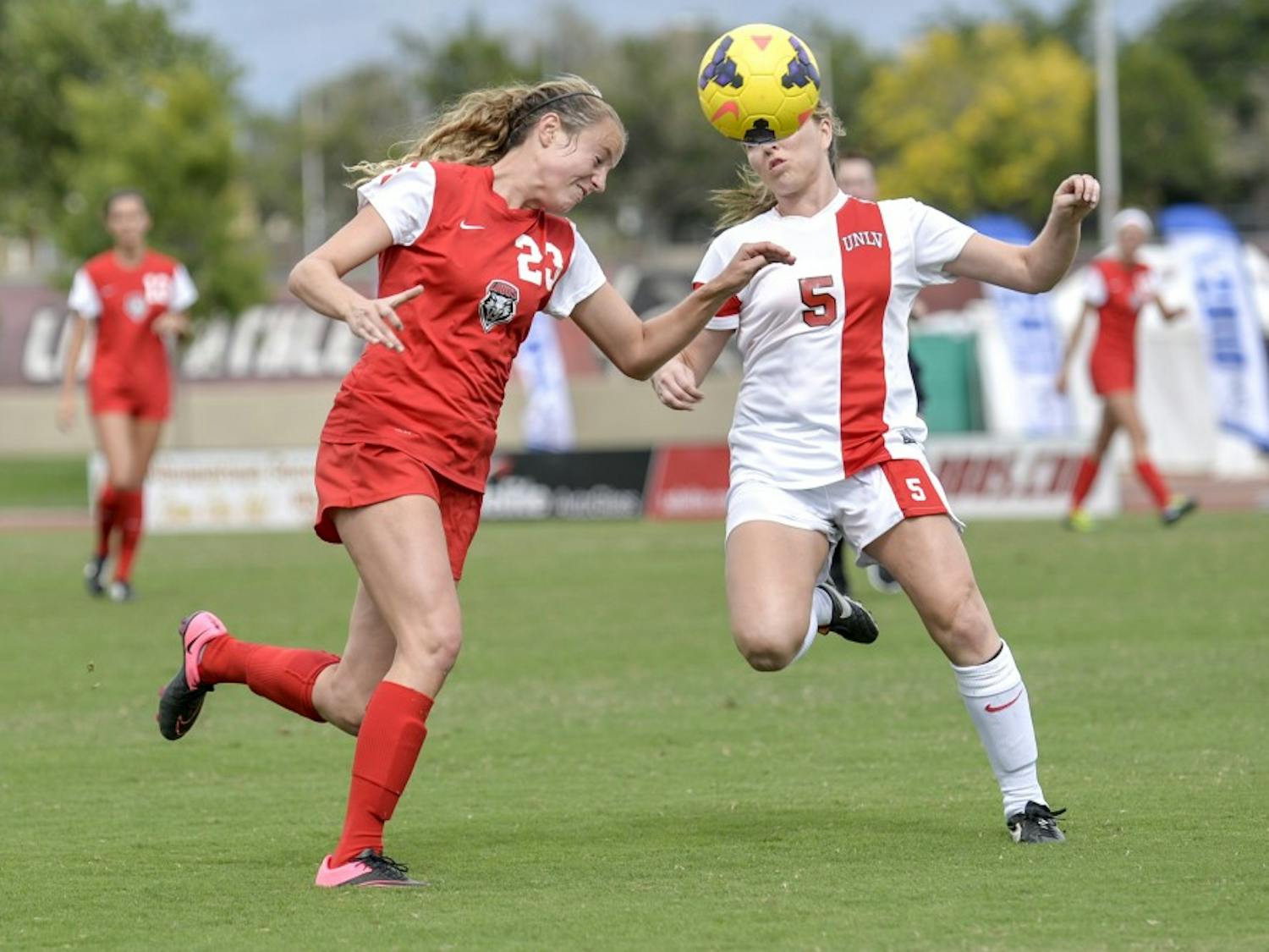 Midfielder Alyssa Coonrod braces for a header while playing against UNLV on Sunday Oct. 4, 2015. The Lobos are playing out of state against Wyoming Oct. 9. 