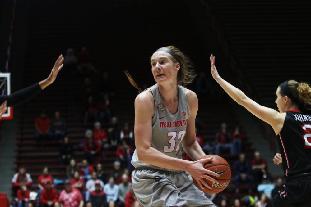 Senior forward Kianna Keller moves past UNLV players on her way to the net on Wednesday, Feb. 1, 2017 at WisePies Arena. The Lobos faced off with San Jose State this weekend while on the road and took home a 82-72 victory.