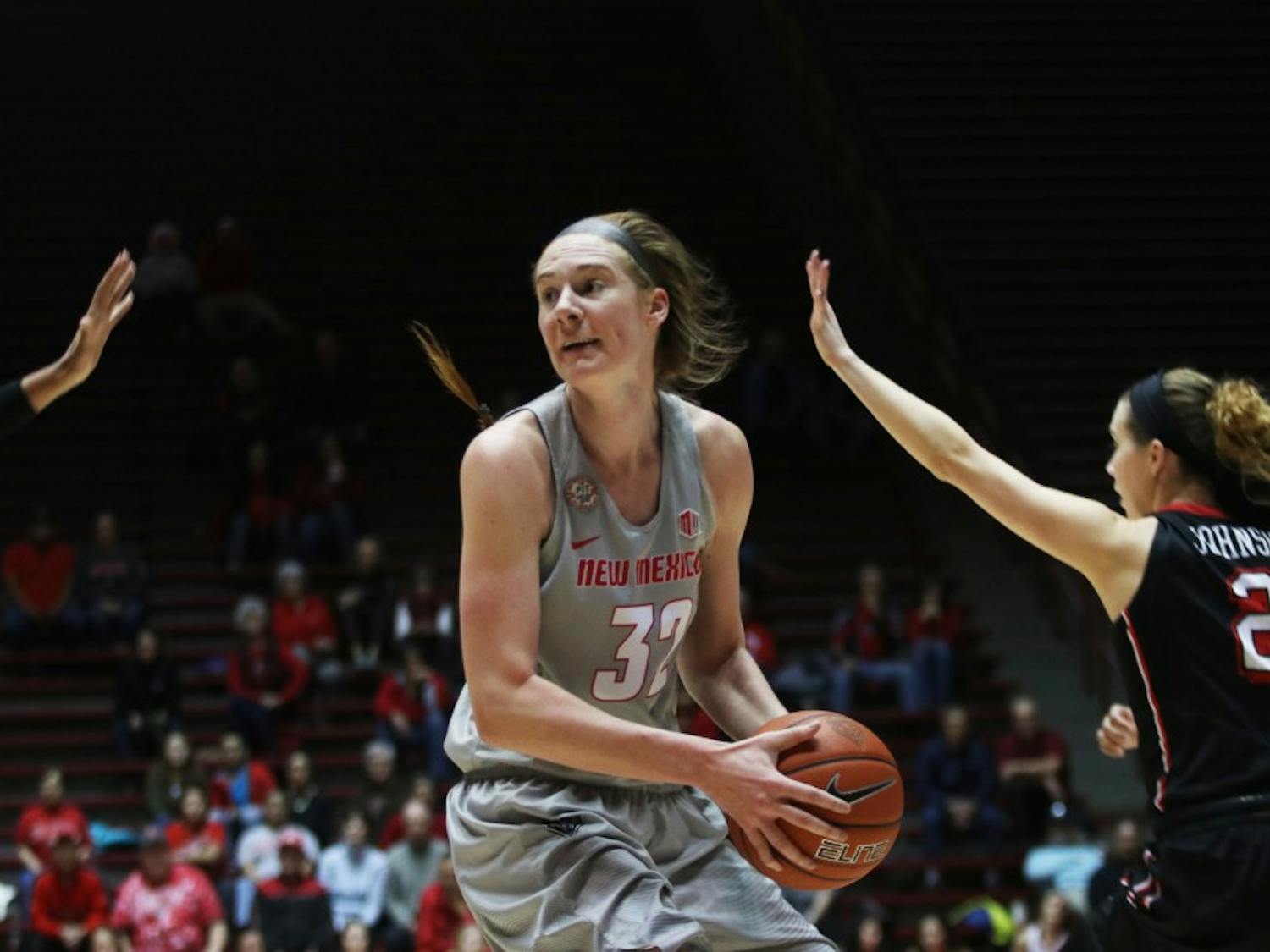 Senior forward Kianna Keller moves past UNLV players on her way to the net on Wednesday, Feb. 1, 2017 at WisePies Arena. The Lobos faced off with San Jose State this weekend while on the road and took home a 82-72 victory.