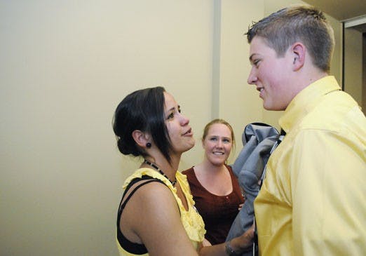 The newly-elected ASUNM president, Monika Roberts, left, speaks with Cole Vertikoff in the SUB on Wednesday.