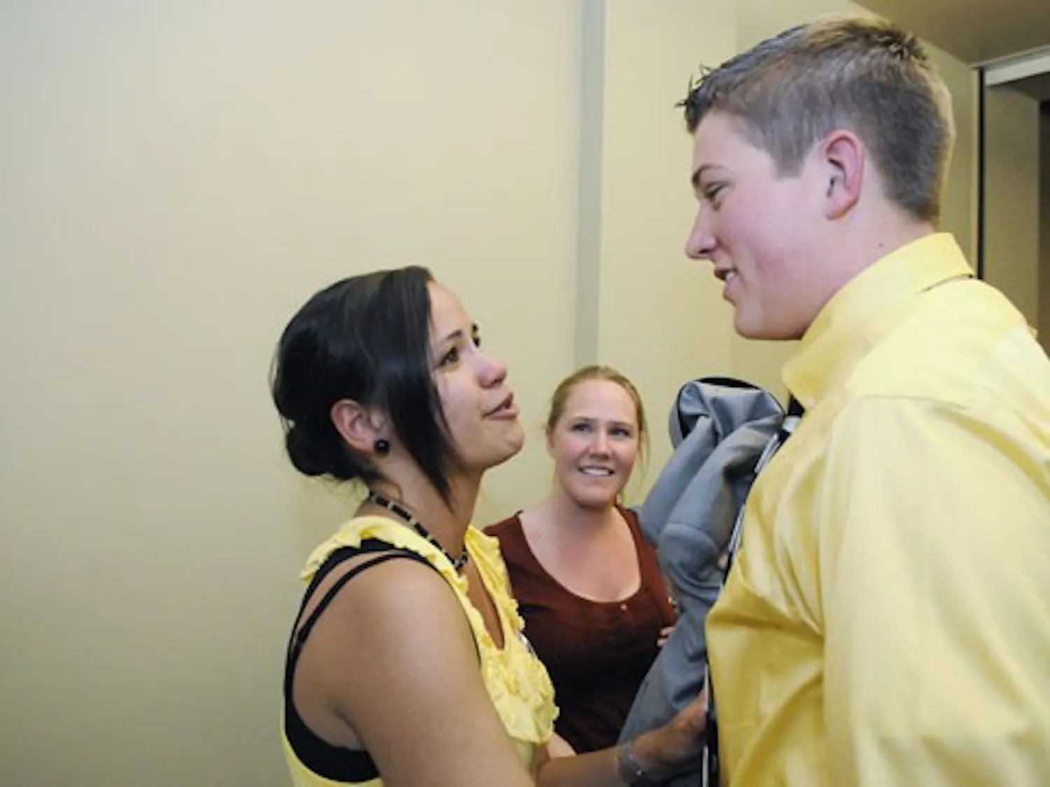 The newly-elected ASUNM president, Monika Roberts, left, speaks with Cole Vertikoff in the SUB on Wednesday.