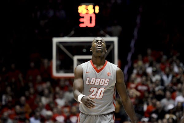 Sophomore guard/forward Sam Logwood closes his eyes as he walks back to the bench Wednesday night at WisePies Arena. The Lobos lost to Air Force 76-72.