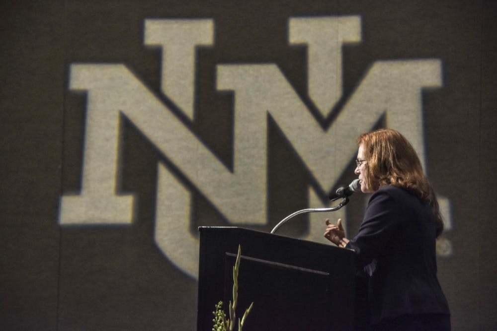 President Stokes addresses an audience during a State of the University speech in UNM SUB September 17, 2018.