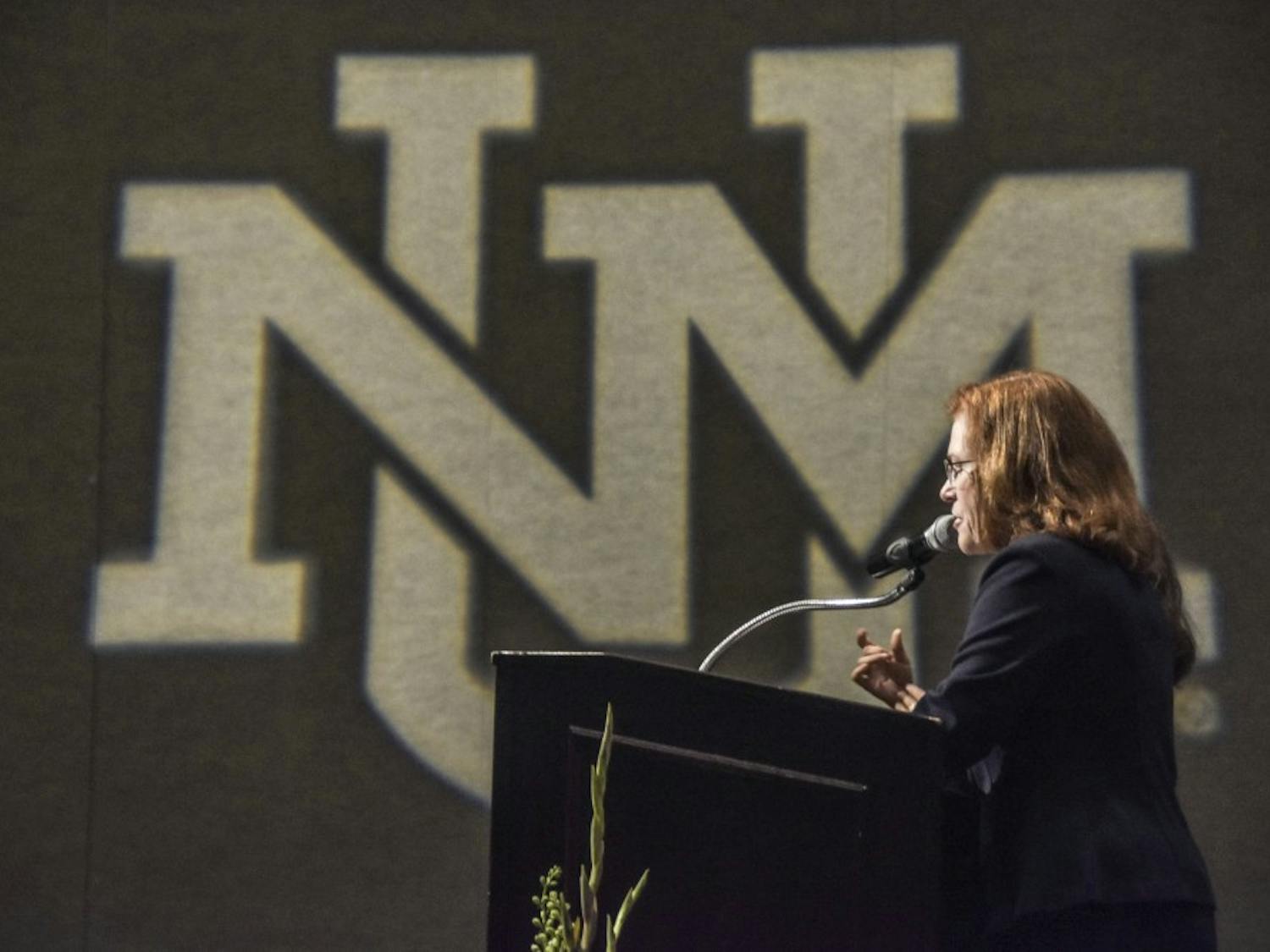 President Stokes addresses an audience during a State of the University speech in UNM SUB September 17, 2018.