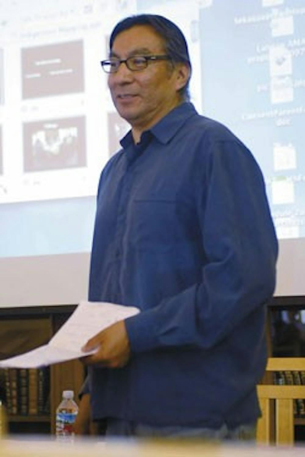 Jim Enote answers a question after a presentation on cultural mapping in the Willard Reading Room in Zimmerman Library on Wednesday.  