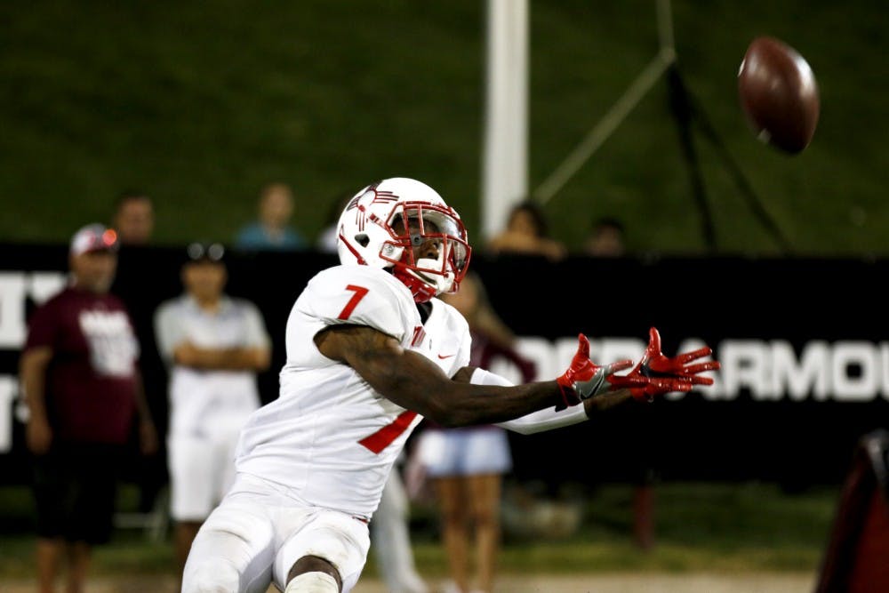 Senior running back Teriyon Gipson reaches out for a pass on Saturday in Las Cruces, New Mexico. The Lobos will play their third game of the season against Rutgers University this Saturday in Piscataway, New Jersey.