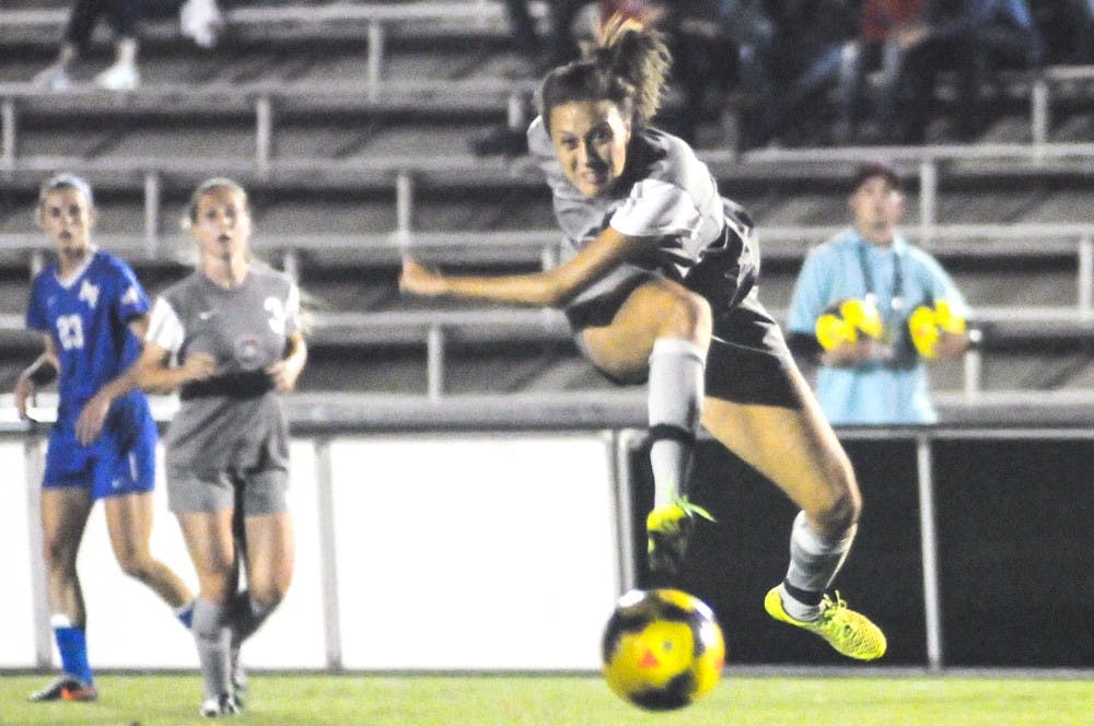 New Mexico midfielder Ruth Bruciaga aims for the goal on Oct. 3 against Air Force at the UNM Soccer Complex. New Mexico will play again against Colorado State at 7 p.m. tonight.