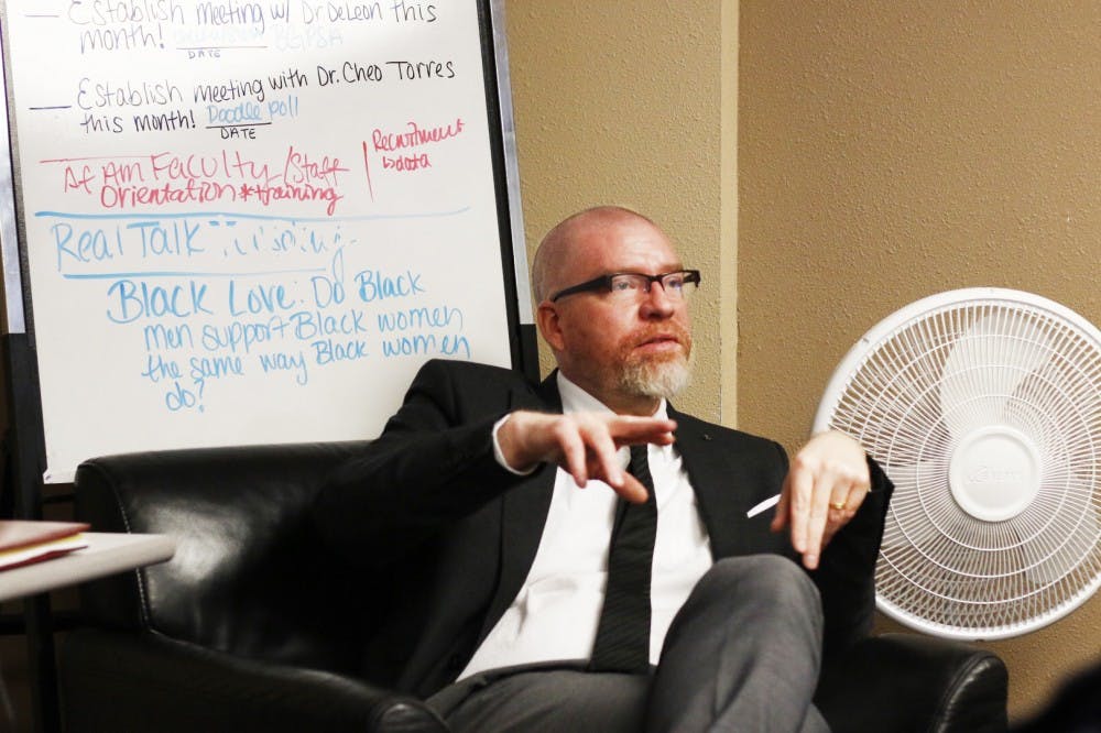 Tyson E. J. Marsh, Ph.D. talks about issues including neoliberalism and the racism embedded in our community at an event hosted by African American Student Services in Mesa Vista hall on  Wednesday, Feb.&nbsp;9, 2016.