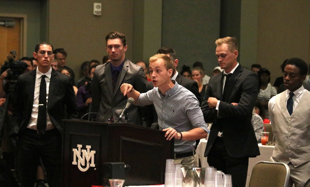 Simon&nbsp;Spangenberg of the UNM men's soccer team speaks at the Board of Regents meeting in protest of the proposed cut of the mens soccer team on July 19, 2018.