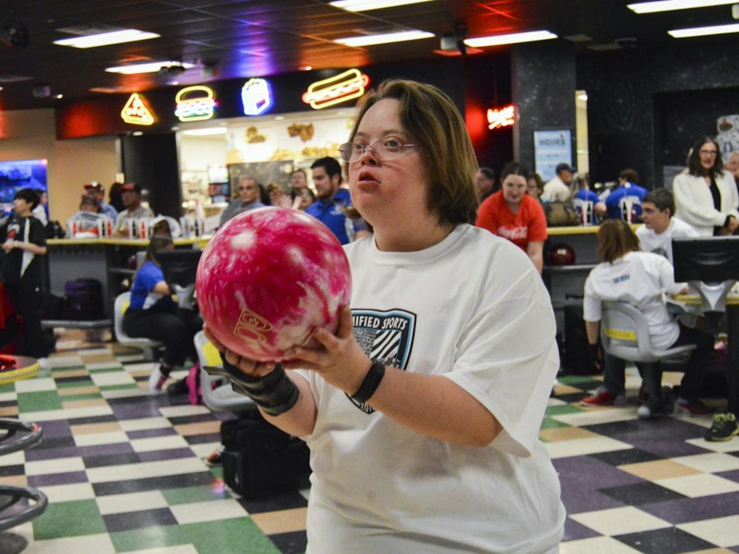 Sarah Wilson approaches the line to deliver the ball down the lane Saturday, Feb. 6, 2016 at the Special Olympic Bowling tournament. Wilson has been bowling since she was 3 years old.