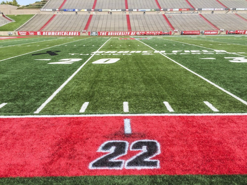 Markel Byrd’s 22 sits painted into the field at University Stadium. Byrd, a former UNM football player, passed away from a motor vehicle accident in late 2015.