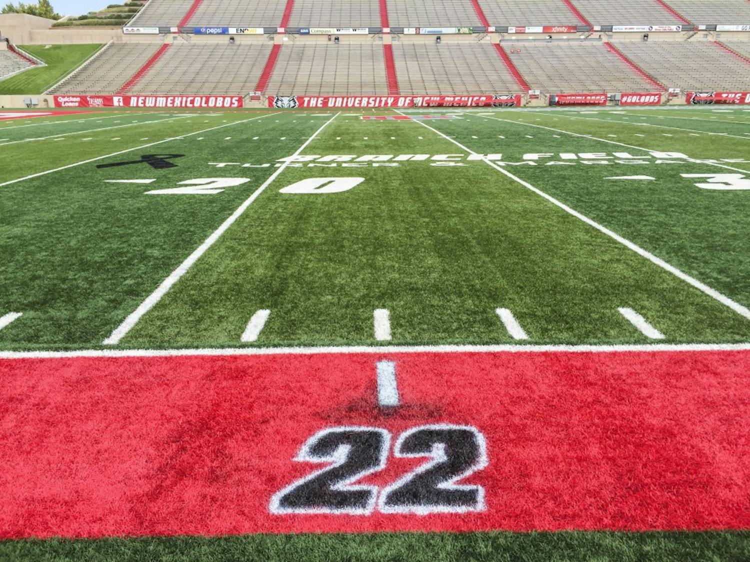 Markel Byrd’s 22 sits painted into the field at University Stadium. Byrd, a former UNM football player, passed away from a motor vehicle accident in late 2015.