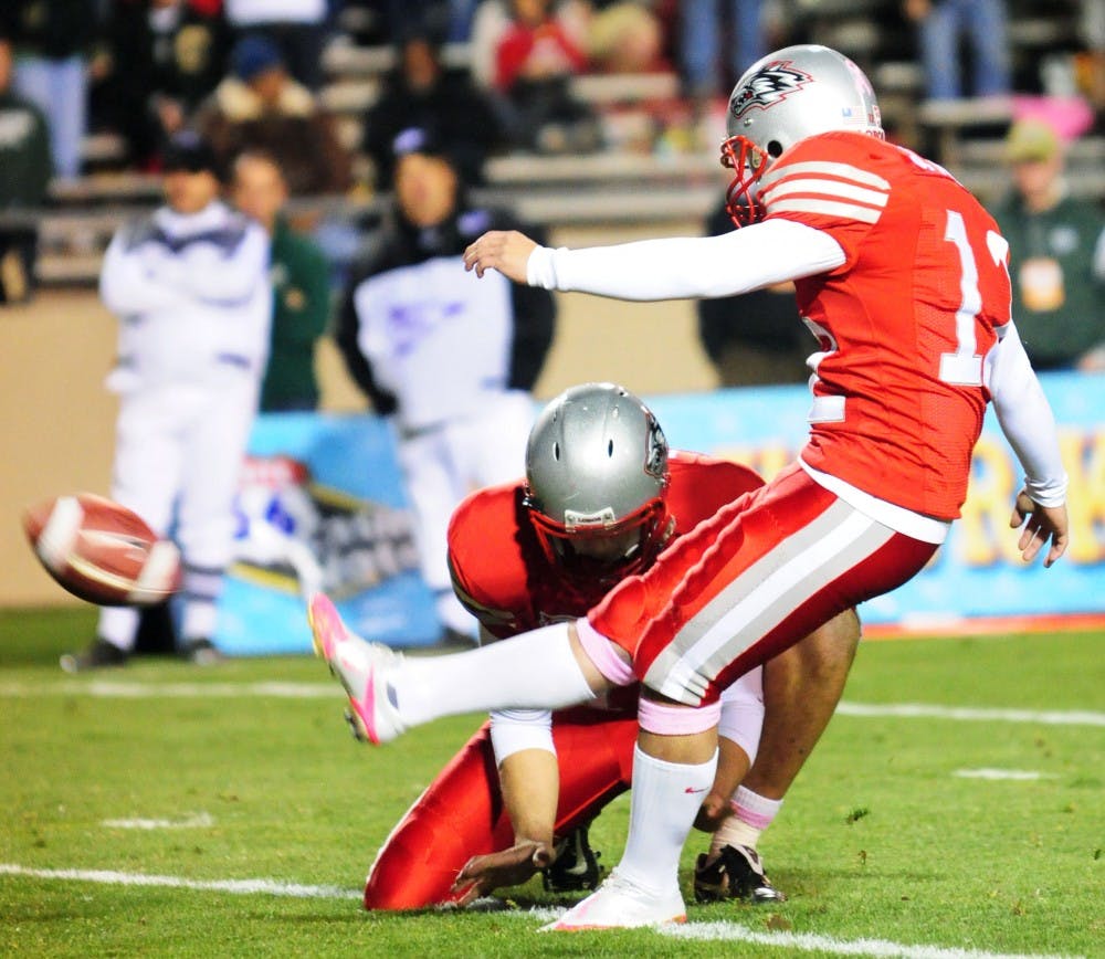 	James Aho boots a field goal during Saturday’s win over Colorado State. Aho kicked the game-winning field goal, propelling the Lobos to a 29-27 win at University Stadium, which is UNM’s first of the season.

